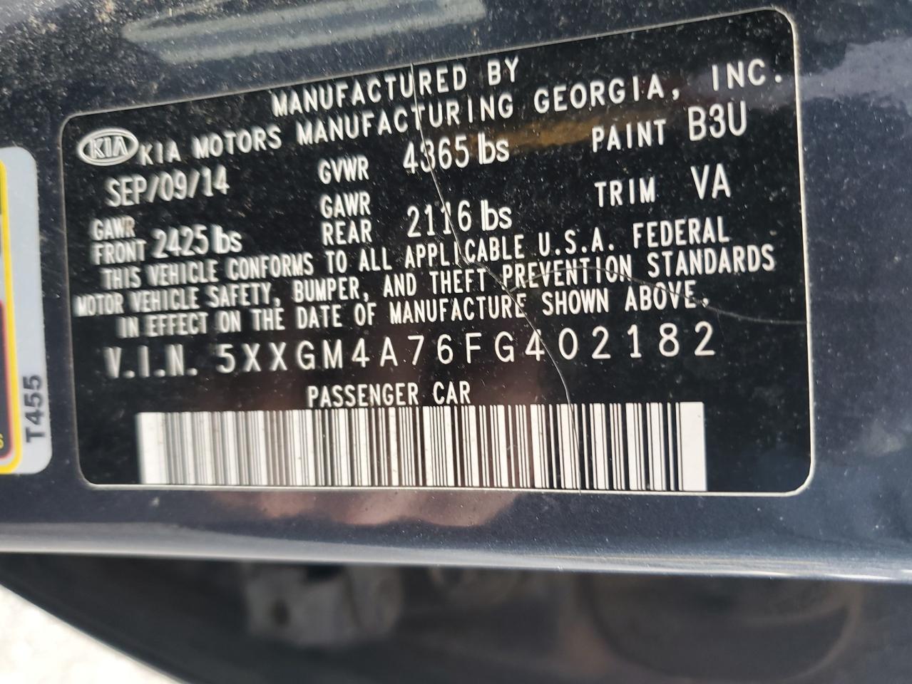2015 Kia Optima Lx VIN: 5XXGM4A76FG402182 Lot: 57311815