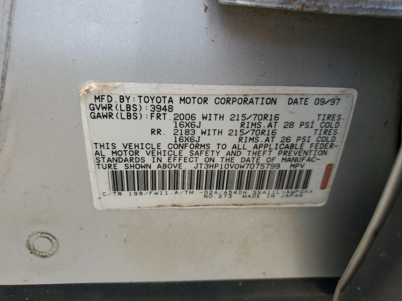 1998 Toyota Rav4 VIN: JT3HP10V0W7075799 Lot: 58499835