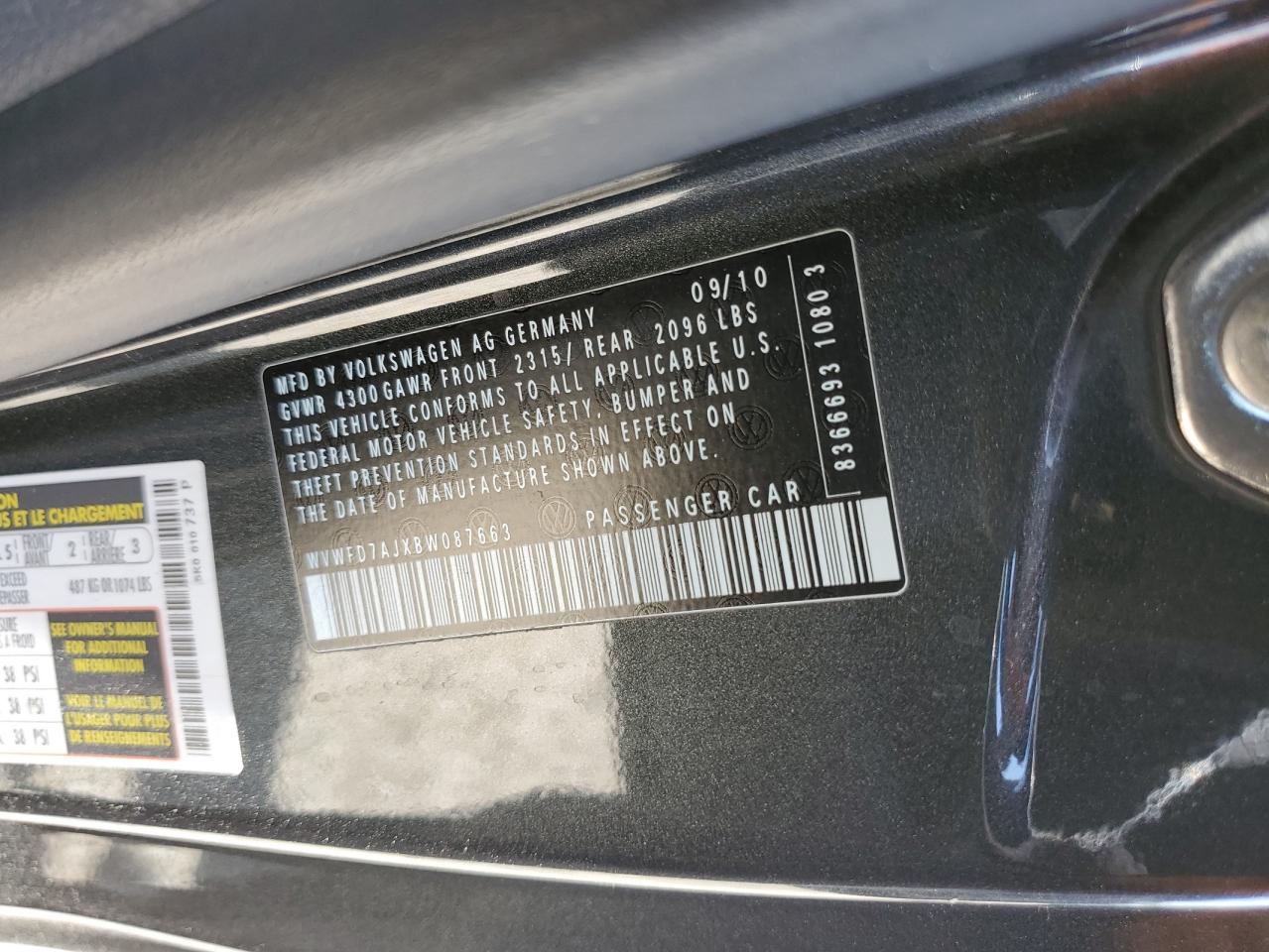 2011 Volkswagen Gti VIN: WVWFD7AJXBW087663 Lot: 58426655