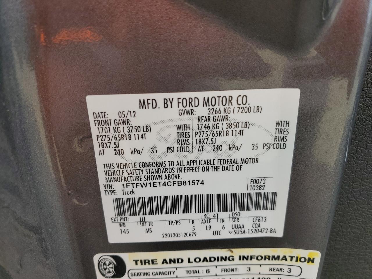 2012 Ford F150 Supercrew VIN: 1FTFW1ET4CFB81574 Lot: 56745105