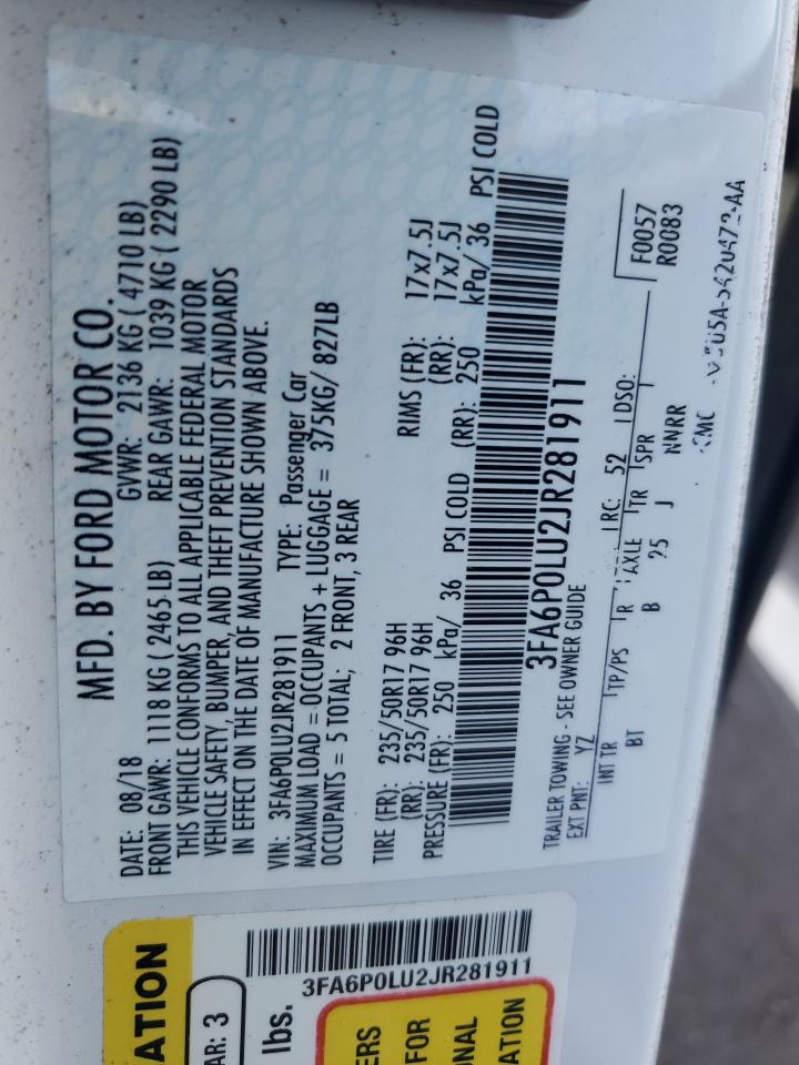 2018 Ford Fusion Se Hybrid VIN: 3FA6P0LU2JR281911 Lot: 54035925