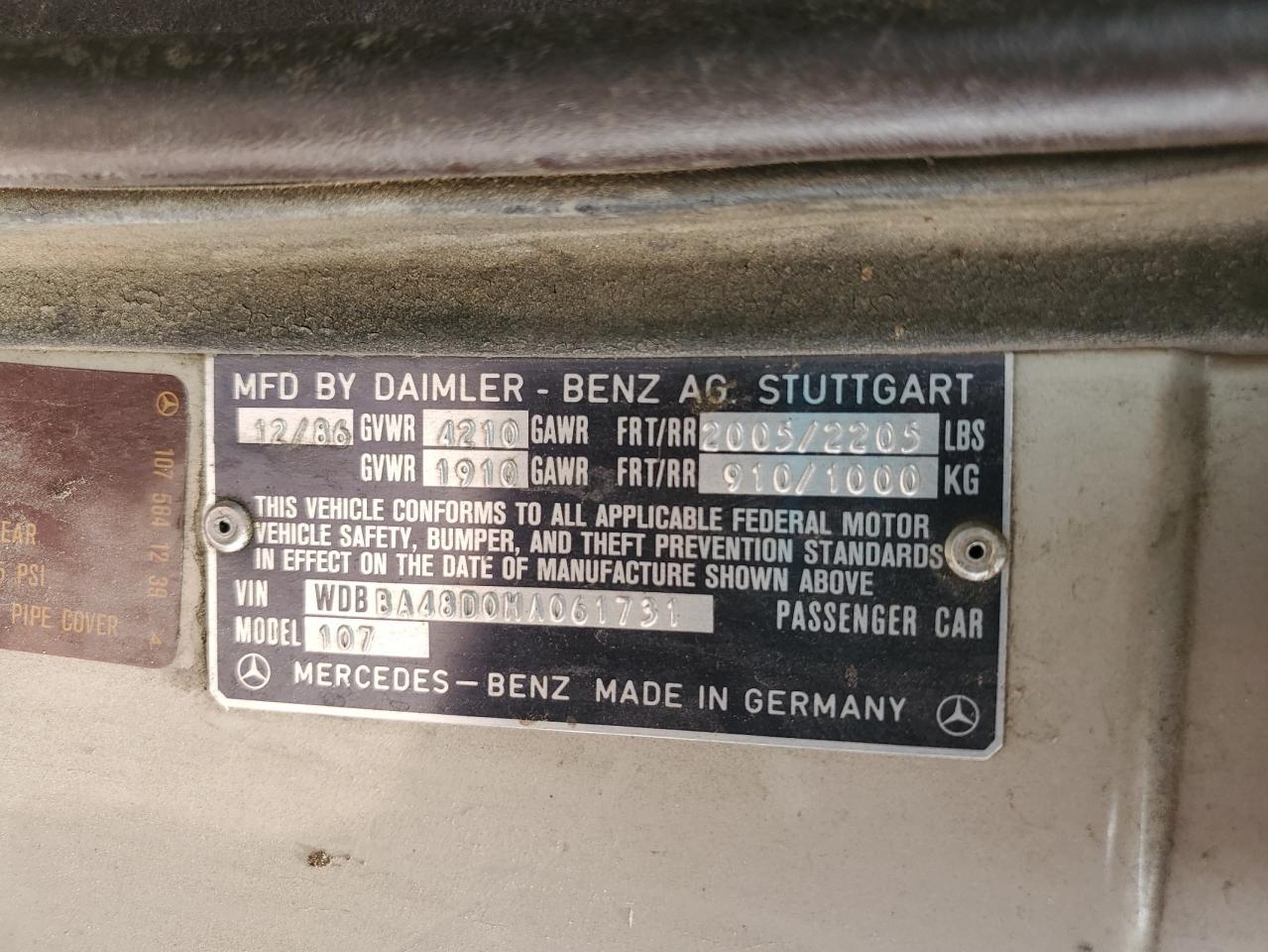 1987 Mercedes-Benz 560 Sl VIN: WDBBA48D0HA061731 Lot: 56622425