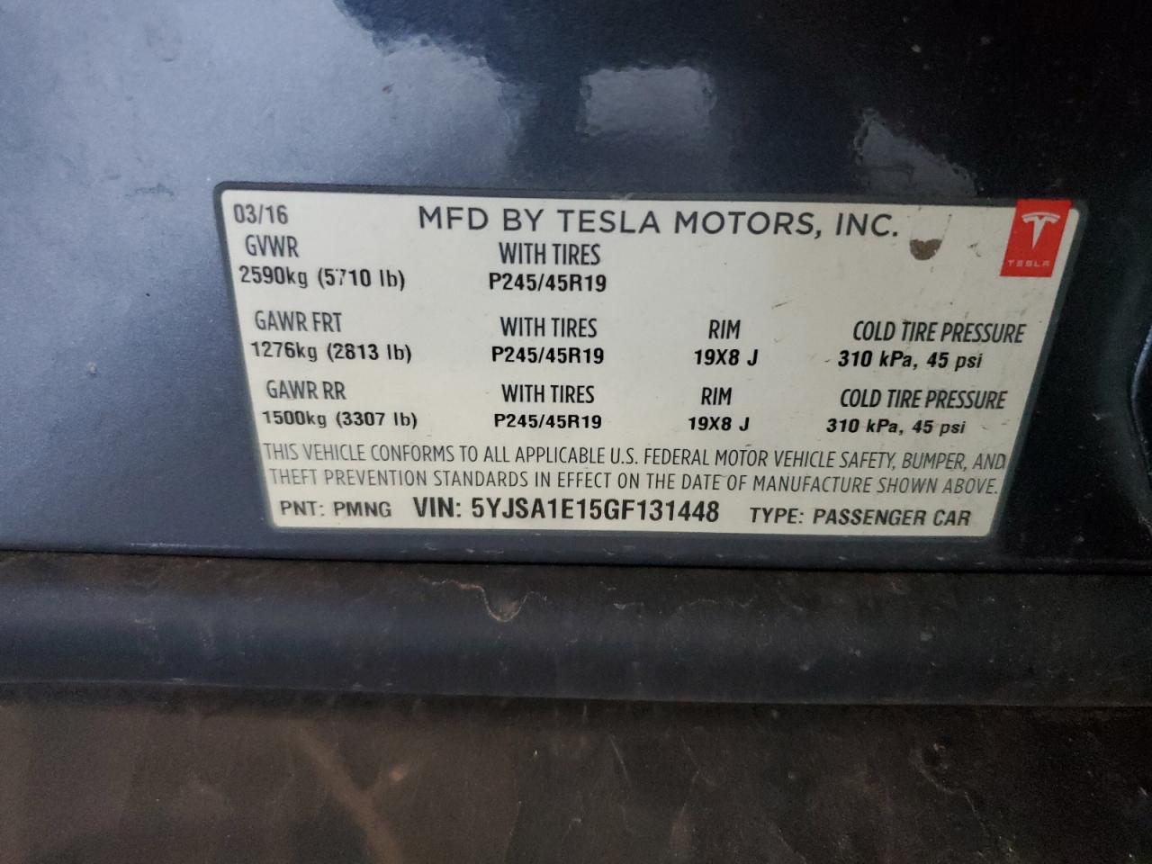 2016 Tesla Model S VIN: 5YJSA1E15GF131448 Lot: 57100245