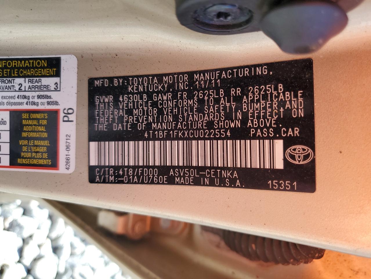 2012 Toyota Camry Base VIN: 4T1BF1FKXCU022554 Lot: 56477665