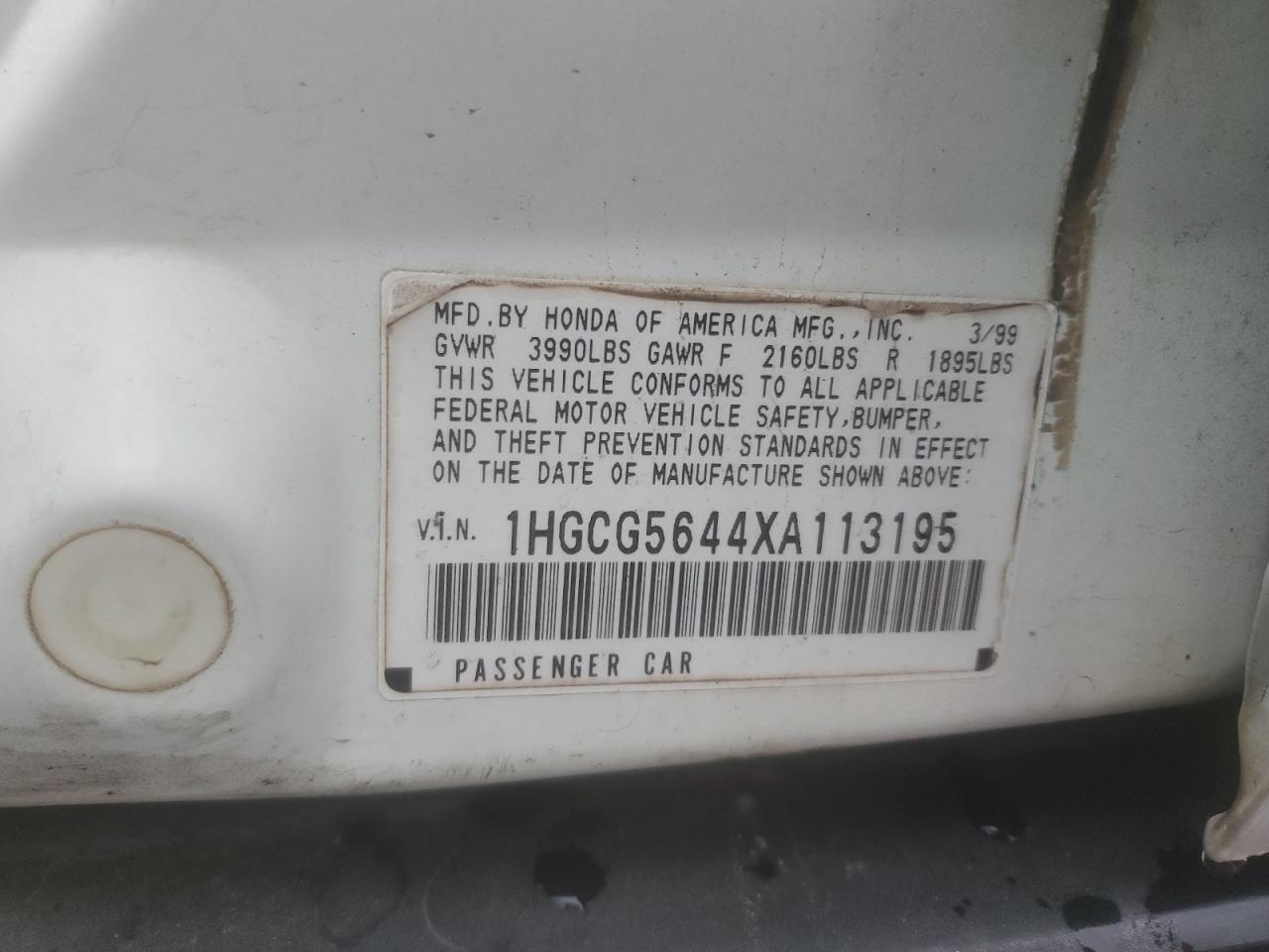 1999 Honda Accord Lx VIN: 1HGCG5644XA113195 Lot: 58766345