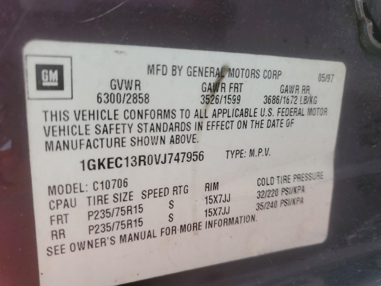 1997 GMC Yukon VIN: 1GKEC13R0VJ747956 Lot: 55259735