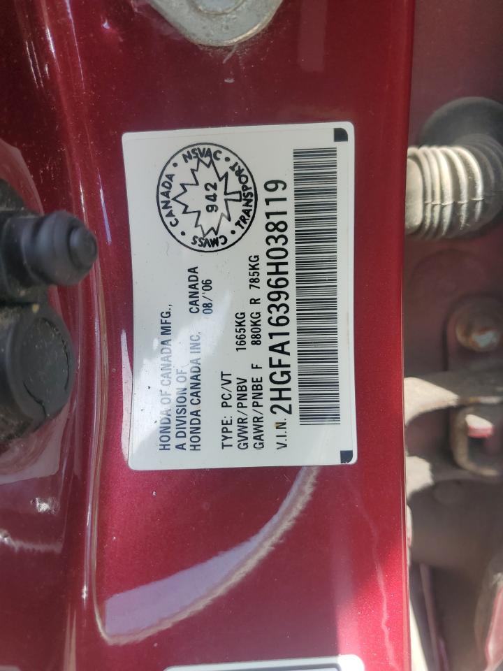 2006 Honda Civic Dx Vp VIN: 2HGFA16396H038119 Lot: 57319705