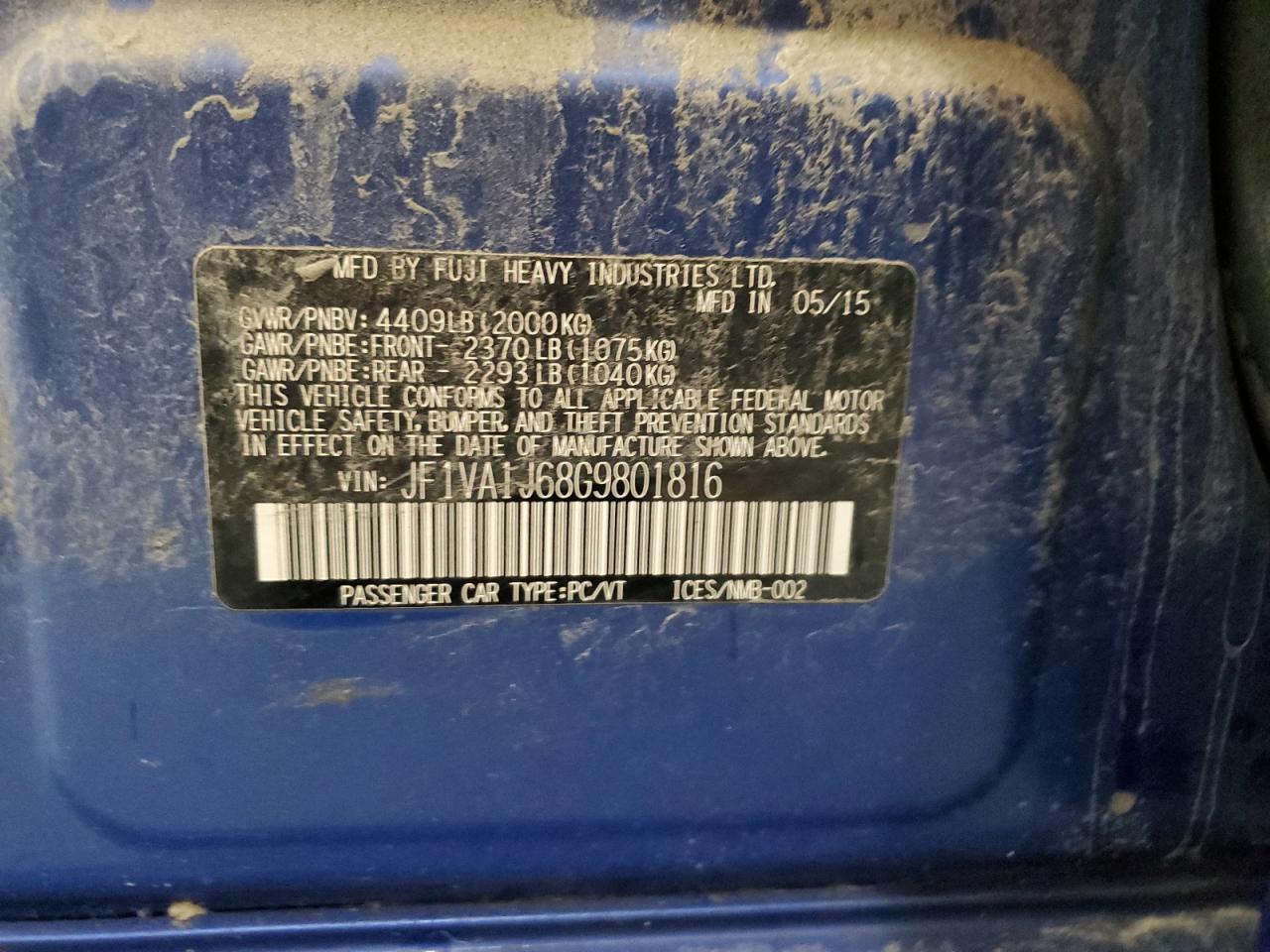 2016 Subaru Wrx Limited VIN: JF1VA1J68G9801816 Lot: 56099955