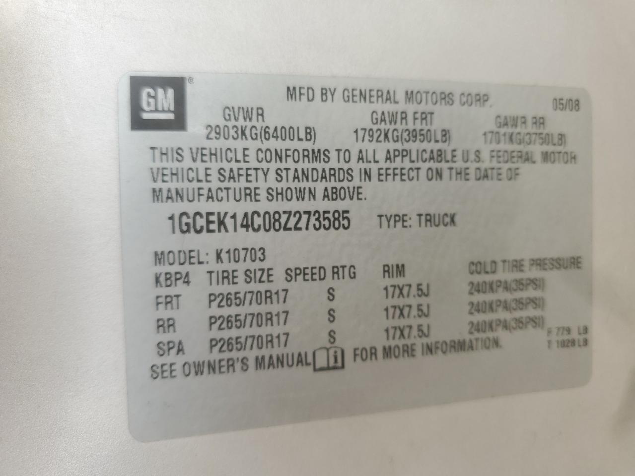 2008 Chevrolet Silverado K1500 VIN: 1GCEK14C08Z273585 Lot: 56753455