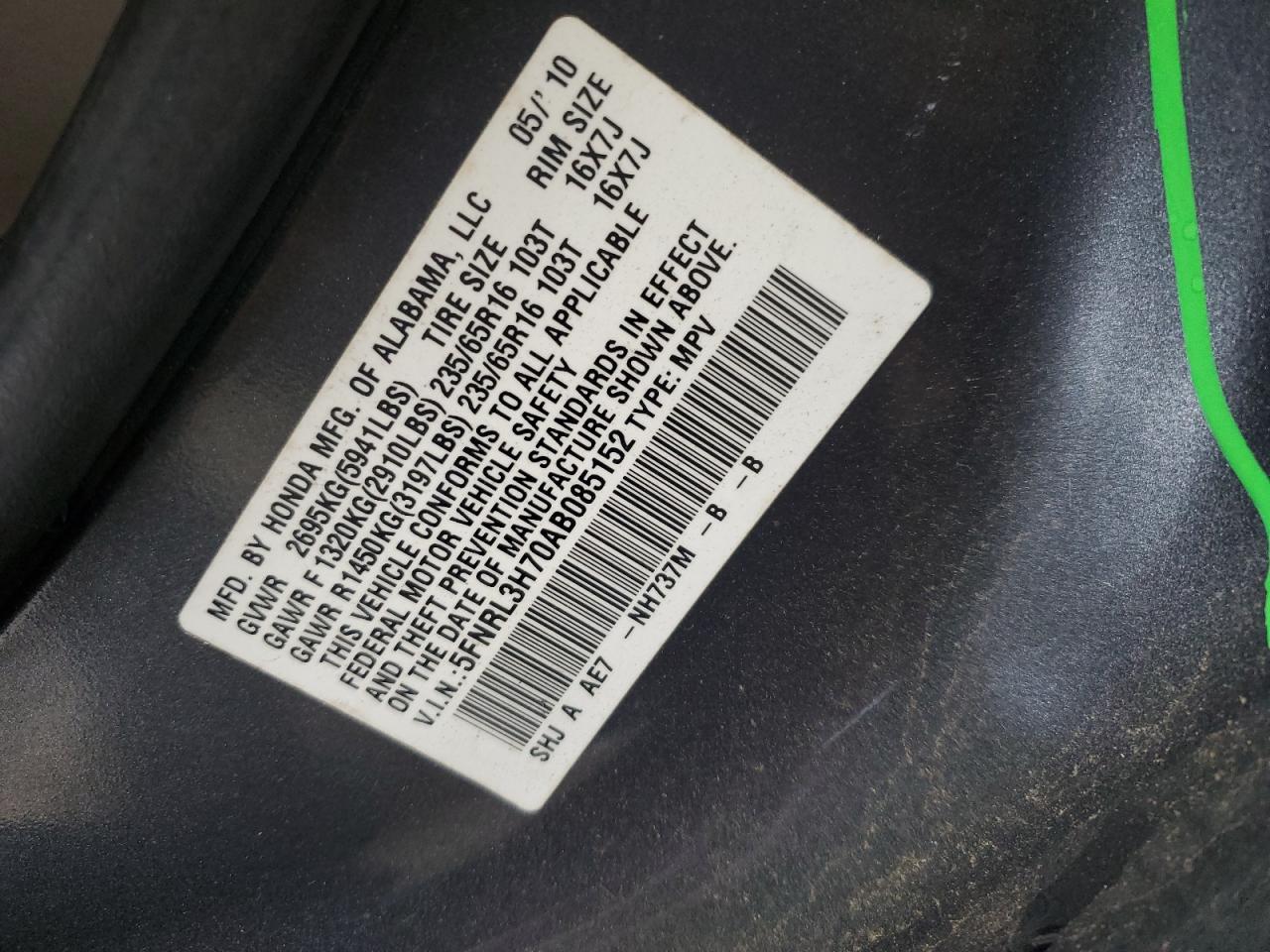 2010 Honda Odyssey Exl VIN: 5FNRL3H70AB085152 Lot: 58829105