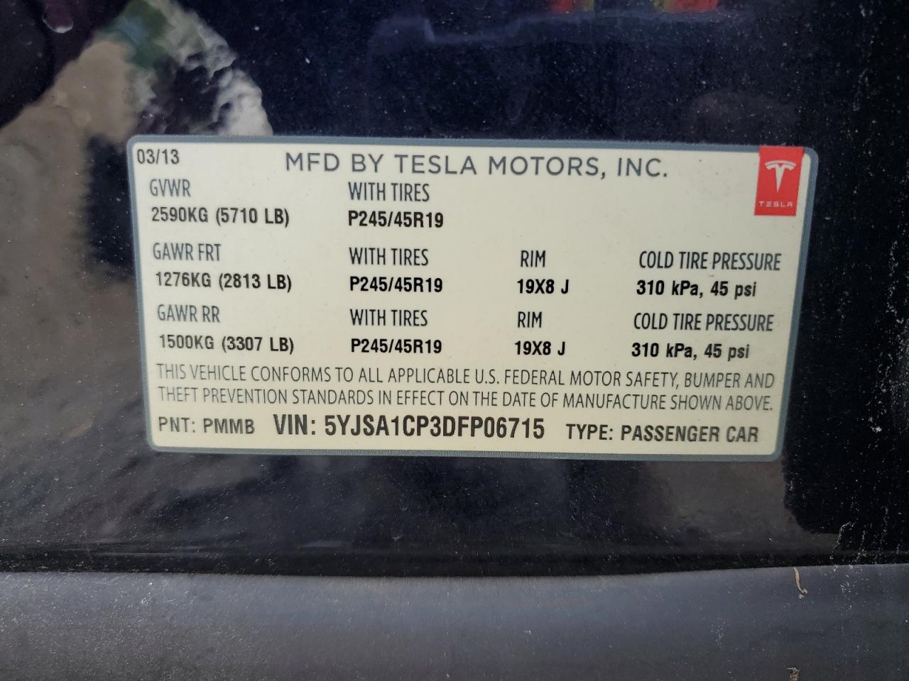 2013 Tesla Model S VIN: 5YJSA1CP3DFP06715 Lot: 57214195