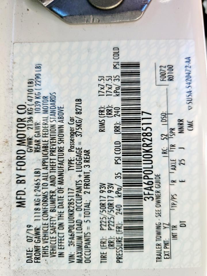 2019 Ford Fusion Se VIN: 3FA6P0LU0KR285117 Lot: 57236855