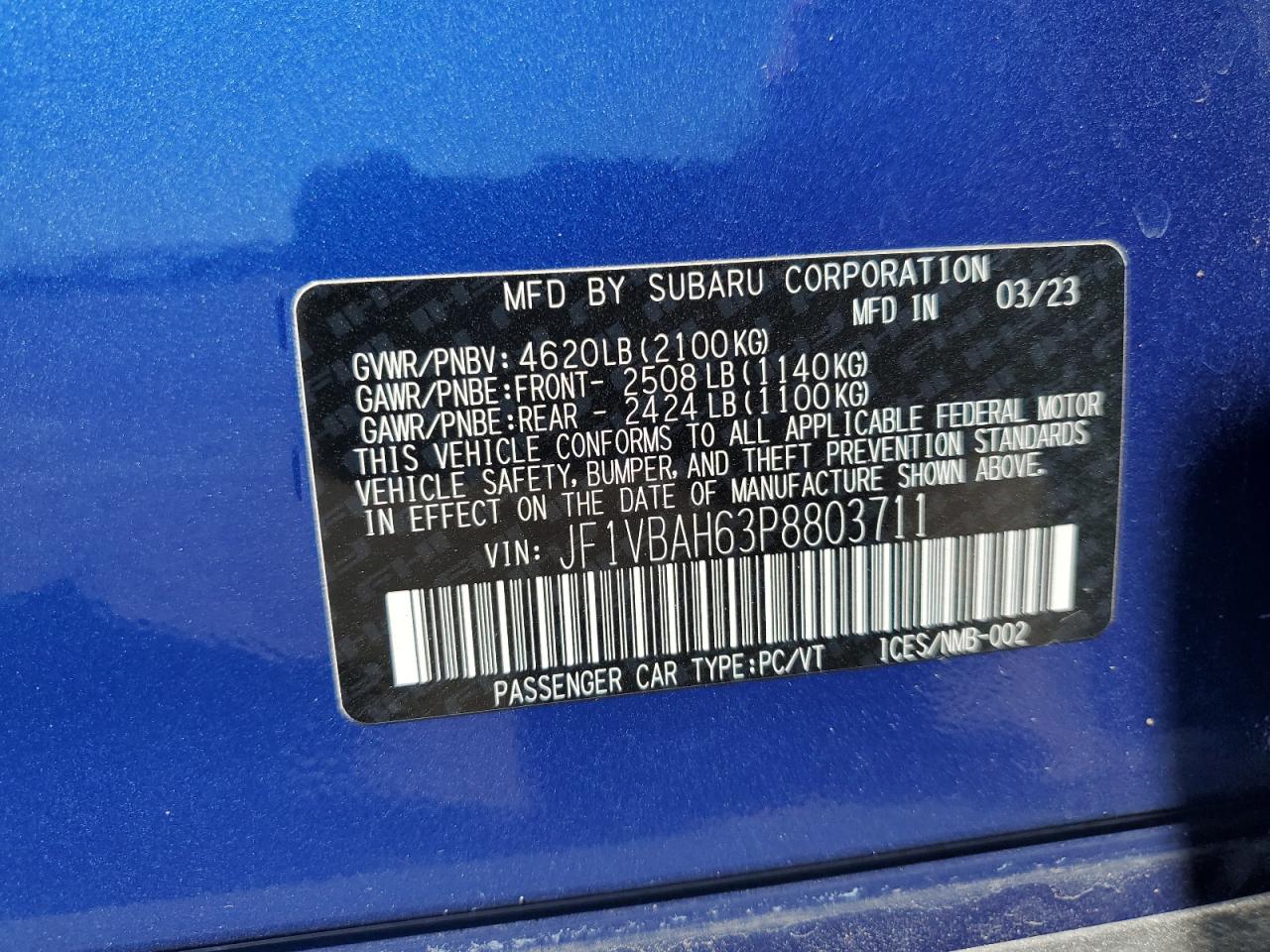 2023 Subaru Wrx Premium VIN: JF1VBAH63P8803711 Lot: 57119005