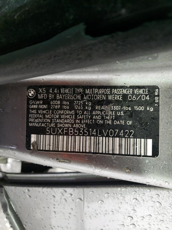 2004 BMW X5 4.4I VIN: 5UXFB53514LV07422 Lot: 56655055