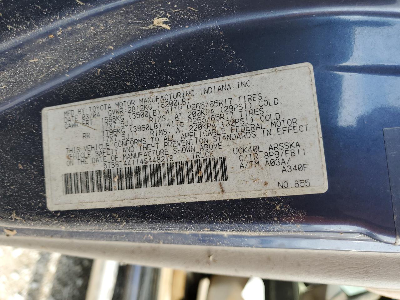 2004 Toyota Tundra Access Cab Sr5 VIN: 5TBBT44114S448219 Lot: 56860455