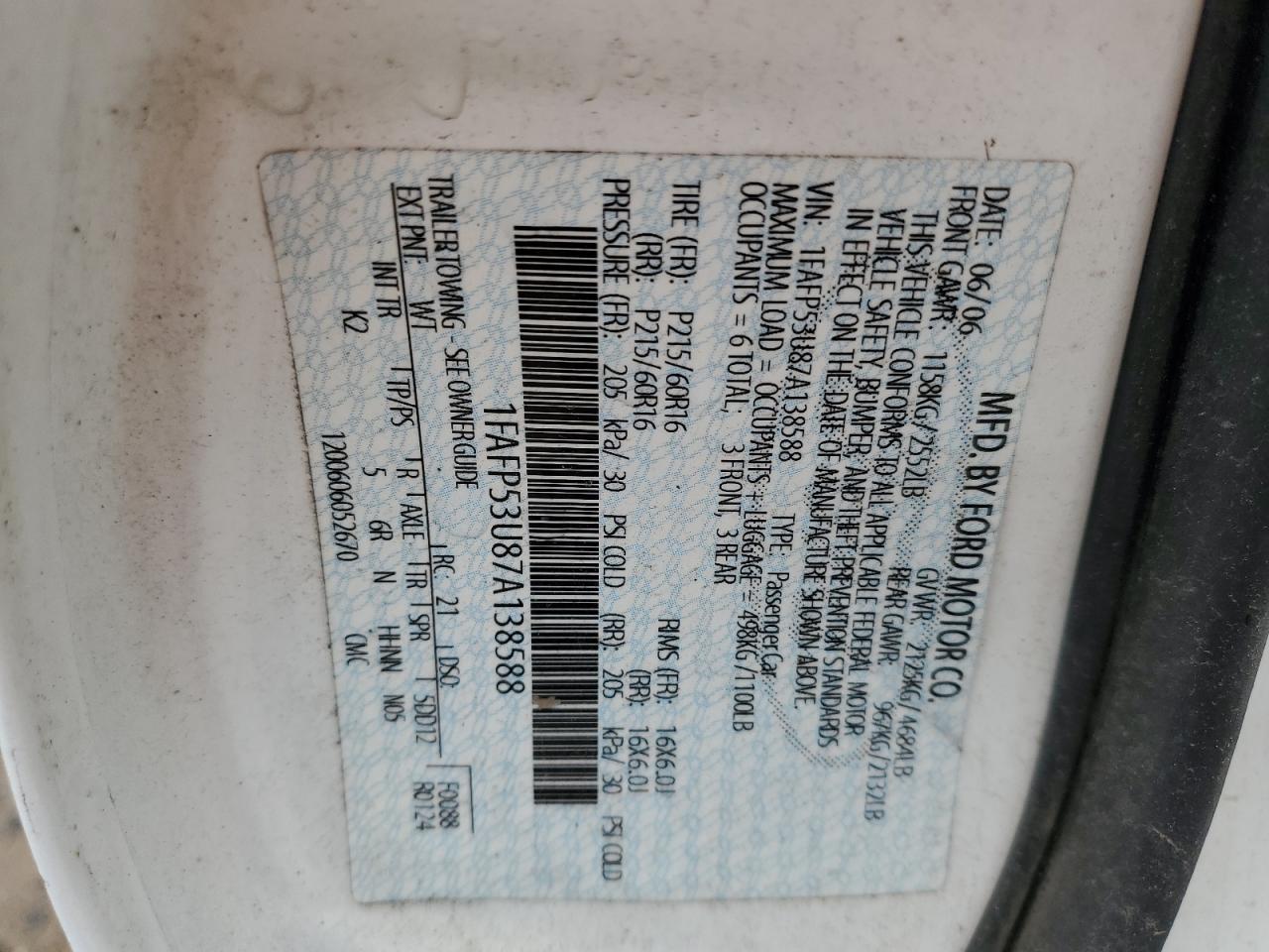 2007 Ford Taurus Se VIN: 1FAFP53U87A138588 Lot: 56965245