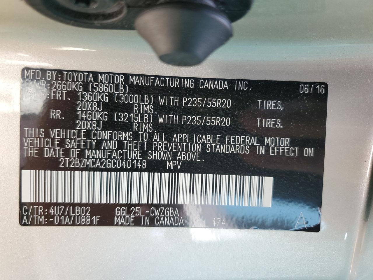 2016 Lexus Rx 350 Base VIN: 2T2BZMCA2GC040148 Lot: 56964115