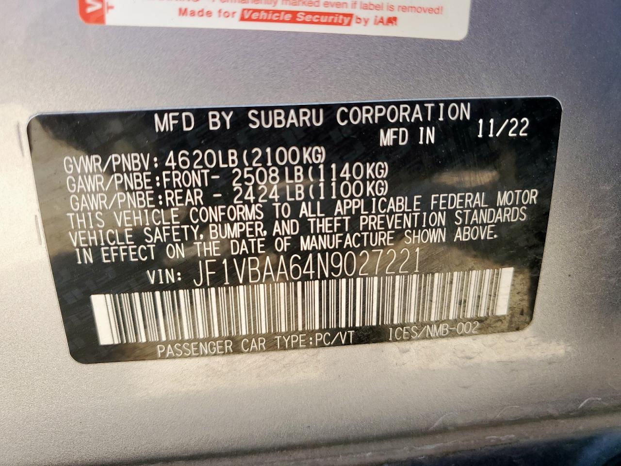 2022 Subaru Wrx VIN: JF1VBAA64N9027221 Lot: 56985005