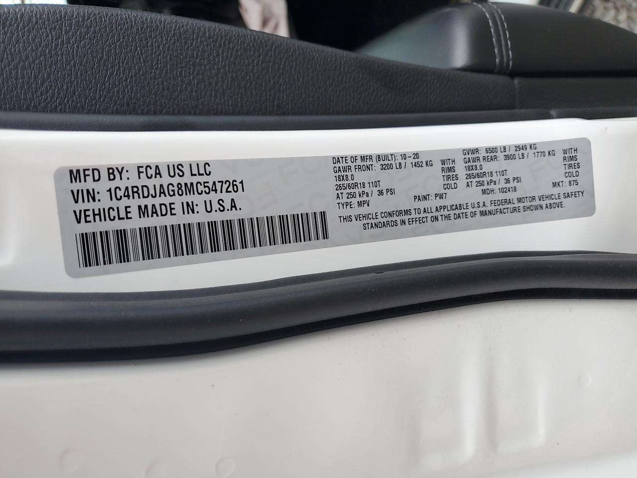 2021 Dodge Durango Sxt VIN: 1C4RDJAG8MC547261 Lot: 57114995
