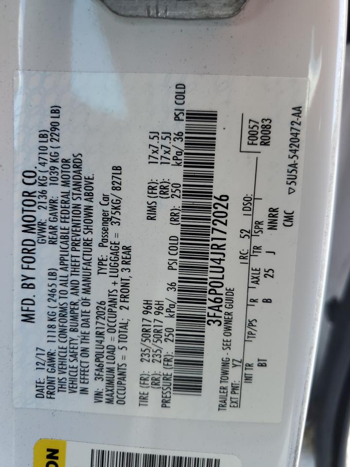 2018 Ford Fusion Se Hybrid VIN: 3FA6P0LU4JR172026 Lot: 54033785