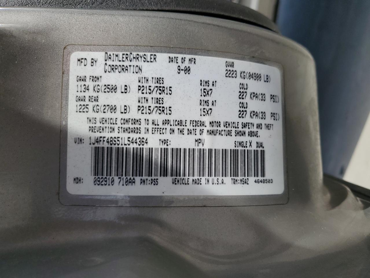 2001 Jeep Cherokee Sport VIN: 1J4FF48S51L544364 Lot: 56002825