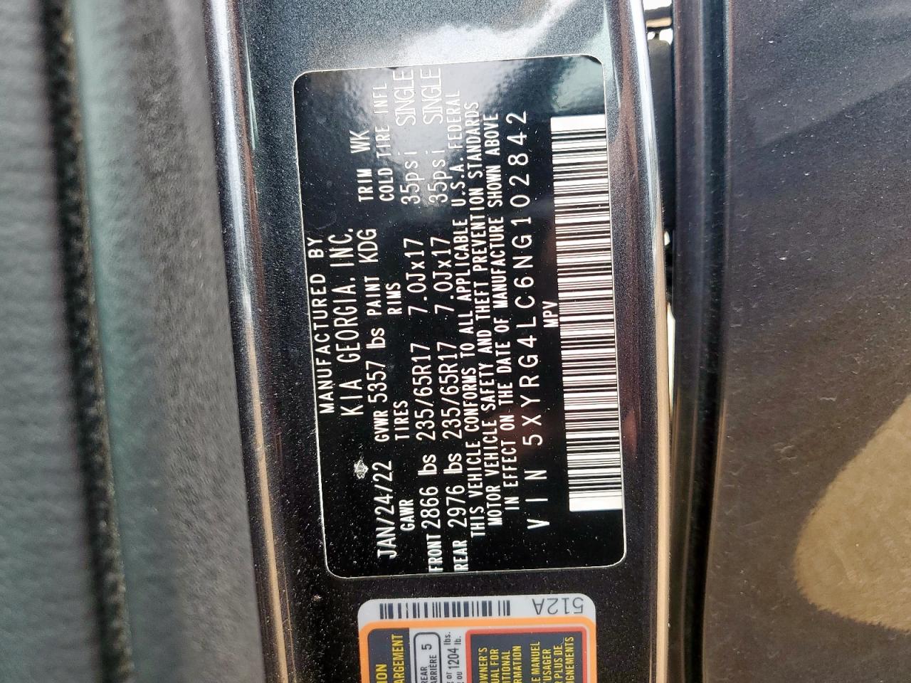 2022 Kia Sorento Lx VIN: 5XYRG4LC6NG102842 Lot: 57622965
