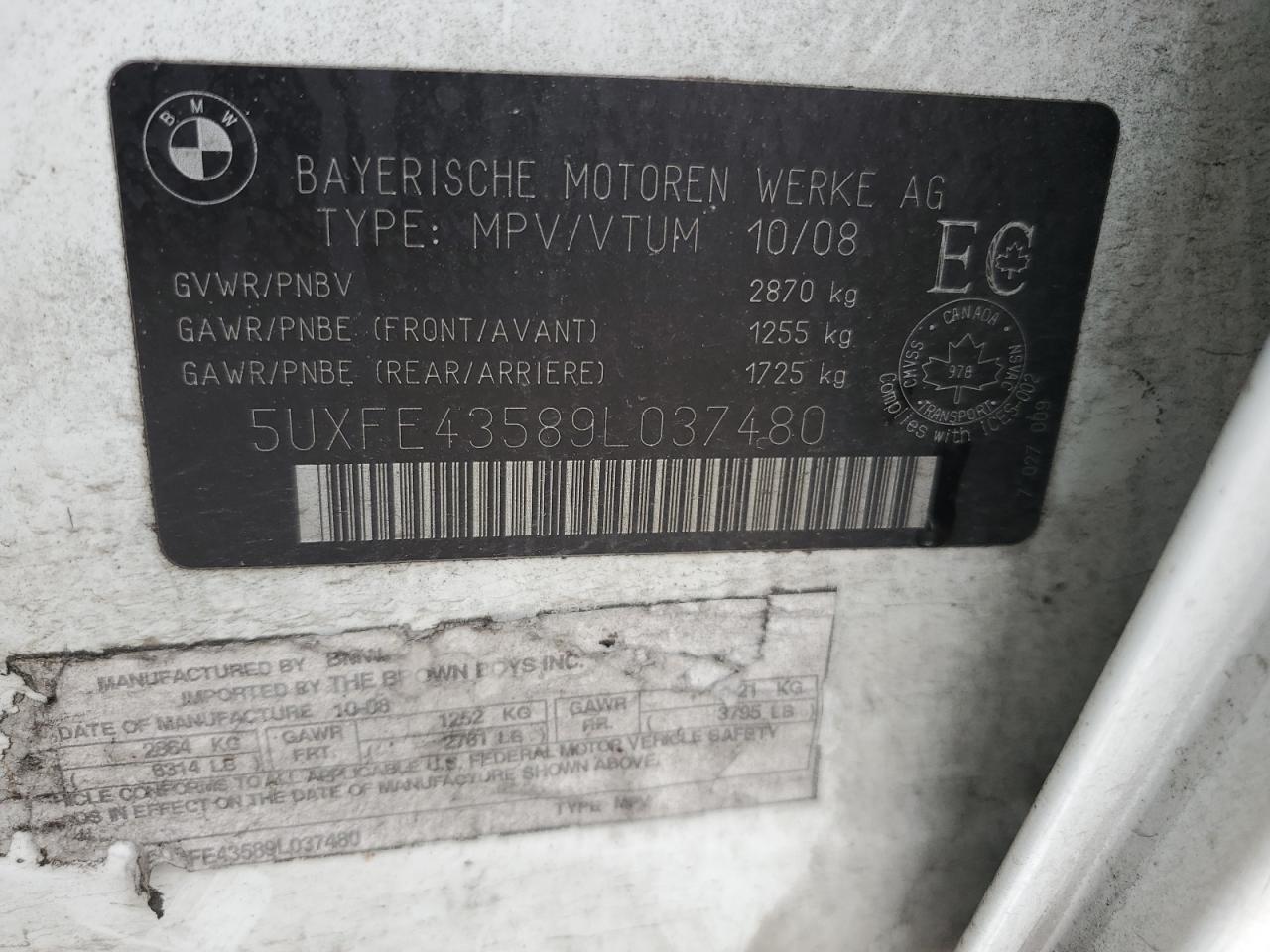 2009 BMW X5 xDrive30I VIN: 5UXFE43589L037480 Lot: 56700165
