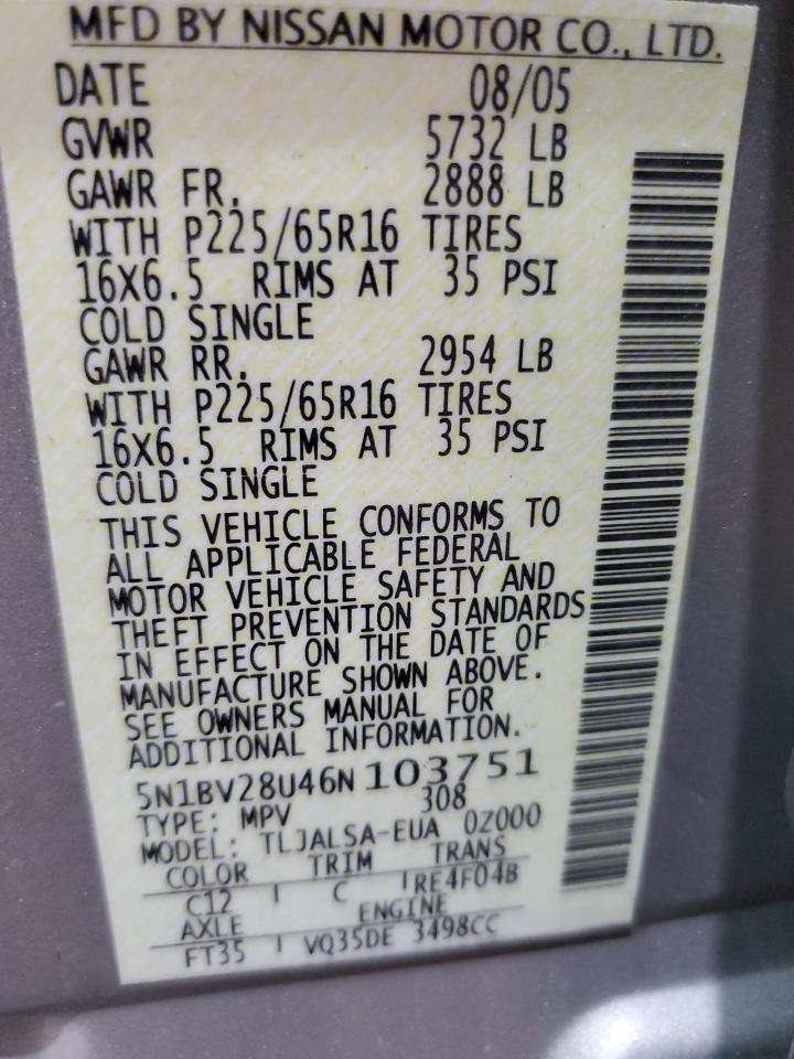 2006 Nissan Quest S VIN: 5N1BV28U46N103751 Lot: 55108315
