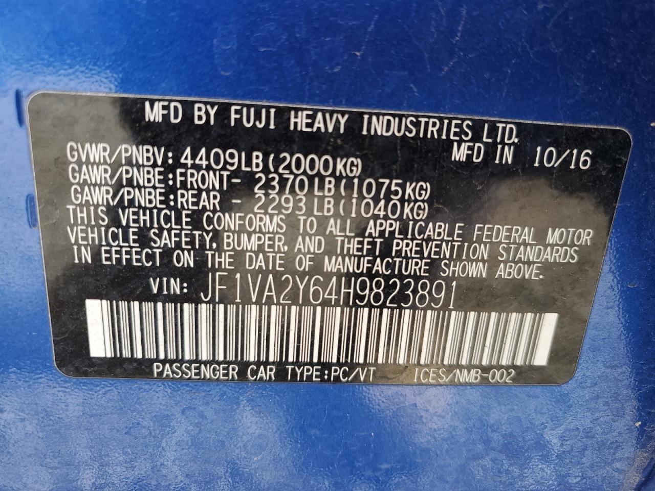 2017 Subaru Wrx Sti Limited VIN: JF1VA2Y64H9823891 Lot: 56522635