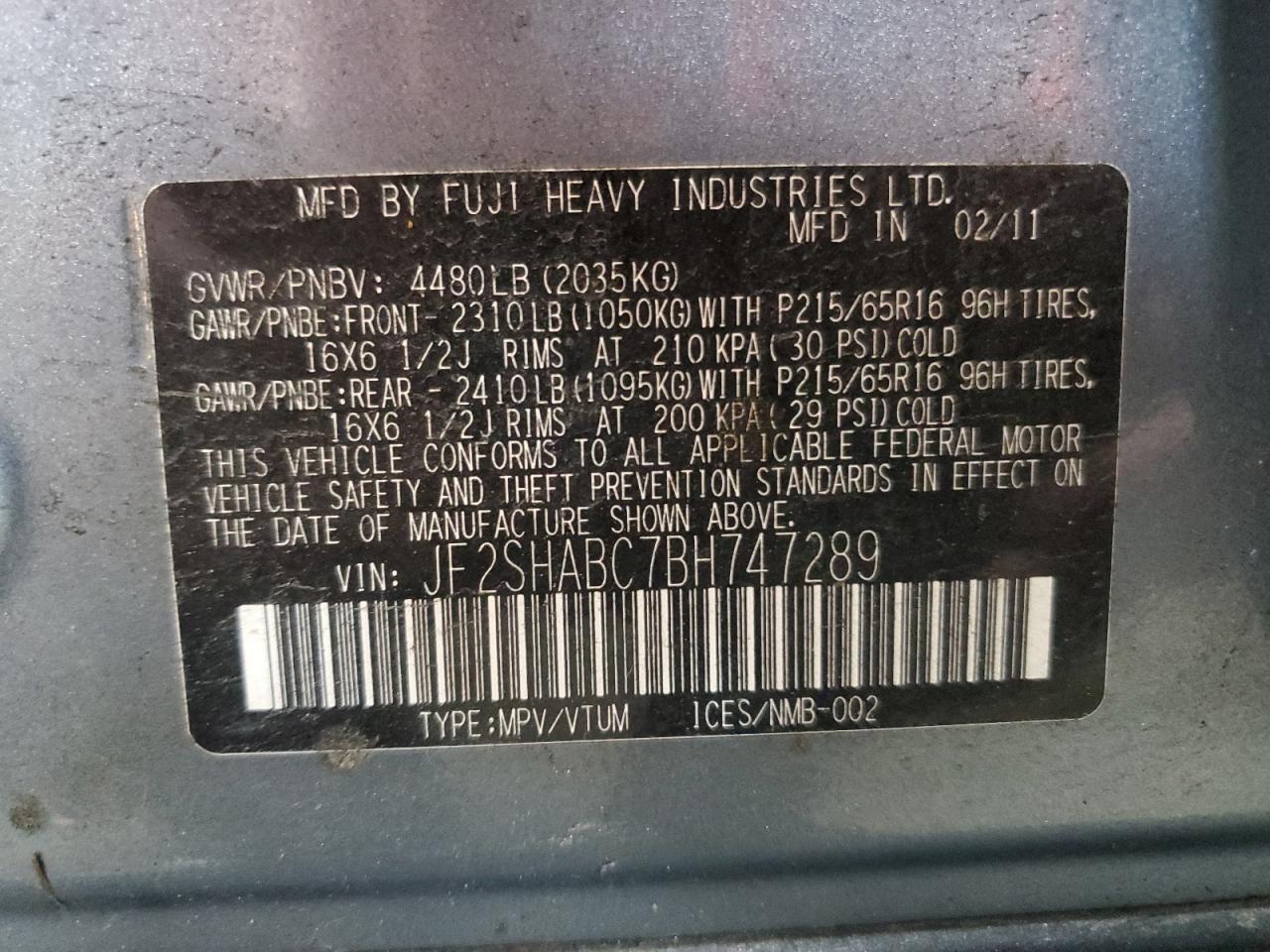 2011 Subaru Forester 2.5X VIN: JF2SHABC7BH747289 Lot: 57037115