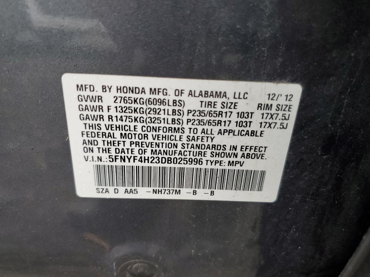 2013 Honda Pilot Lx VIN: 5FNYF4H23DB025996 Lot: 56629745
