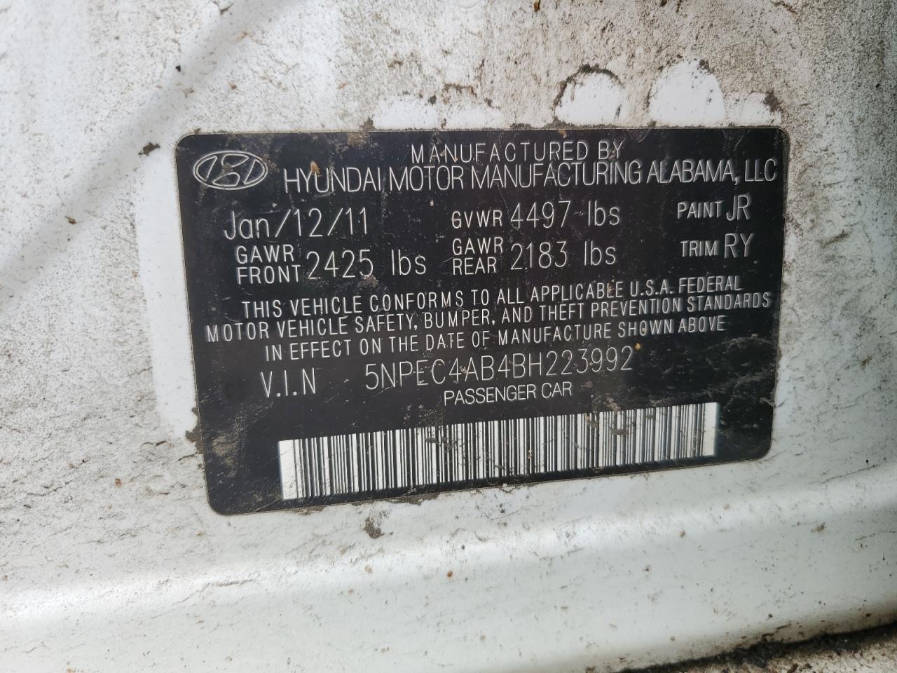 2011 Hyundai Sonata Se VIN: 5NPEC4AB4BH223992 Lot: 56736695