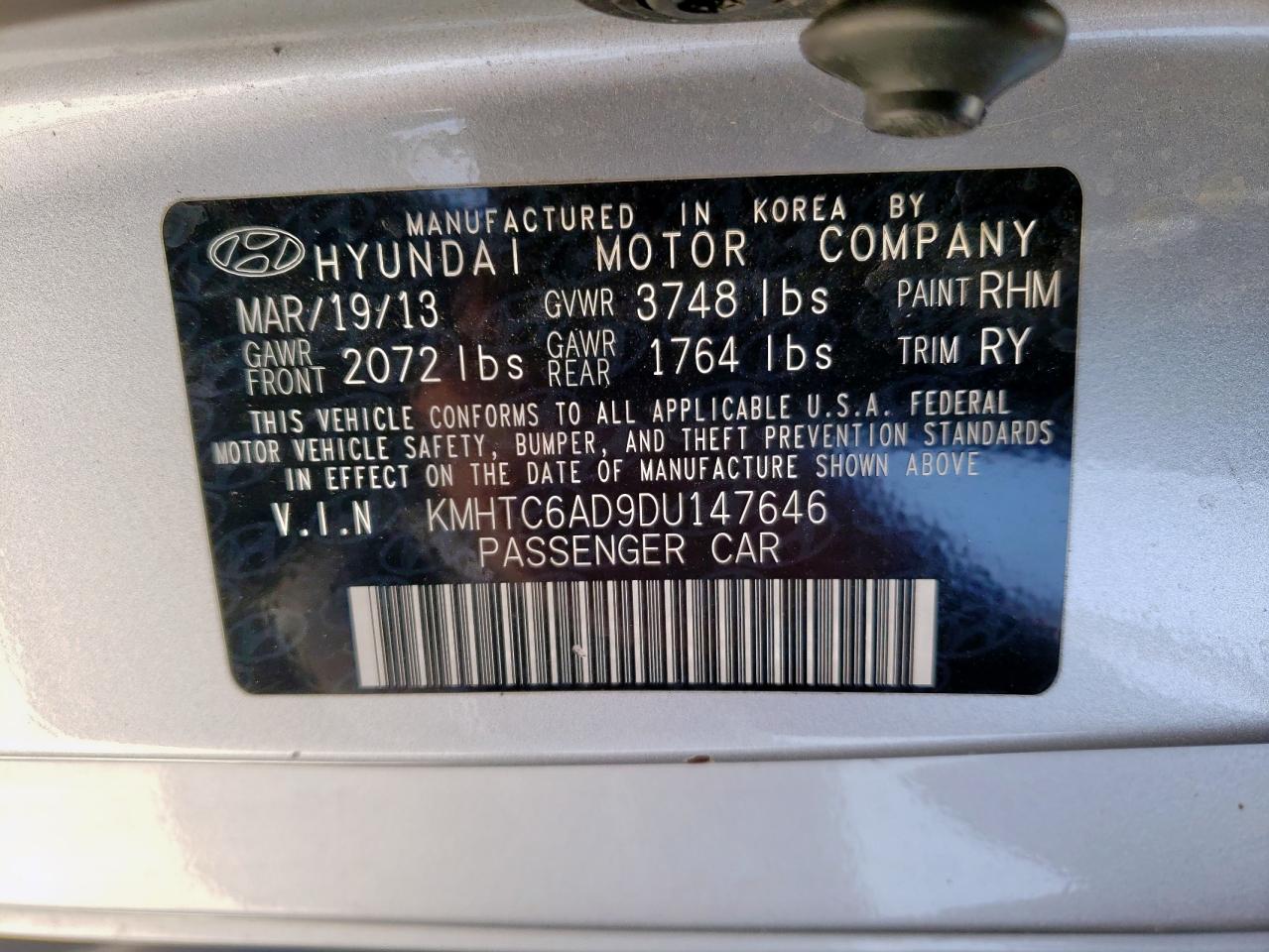 2013 Hyundai Veloster VIN: KMHTC6AD9DU147646 Lot: 58495585