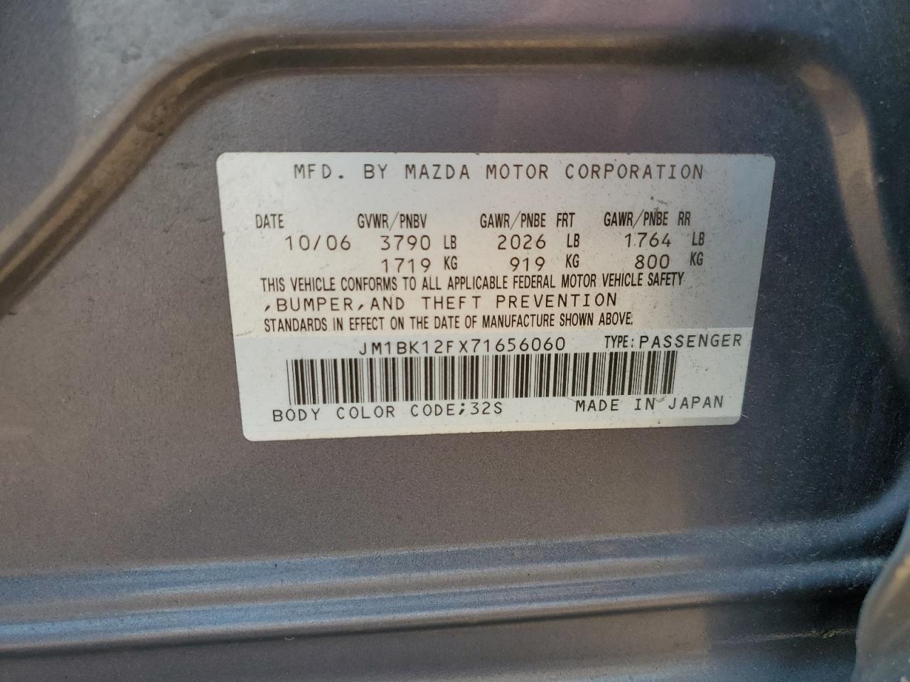 2007 Mazda 3 I VIN: JM1BK12FX71656060 Lot: 56849425