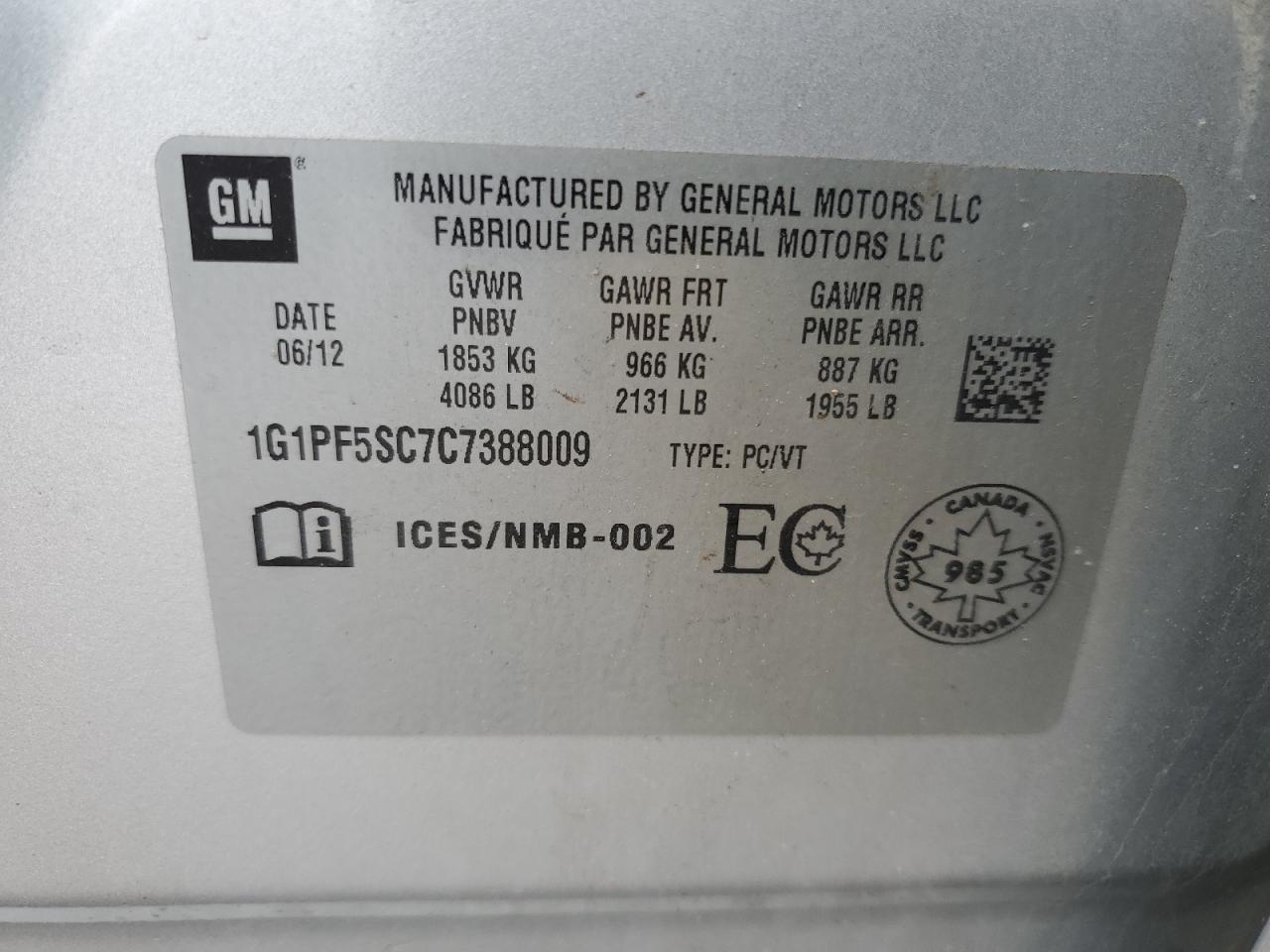 2012 Chevrolet Cruze Lt VIN: 1G1PF5SC7C7388009 Lot: 56991835