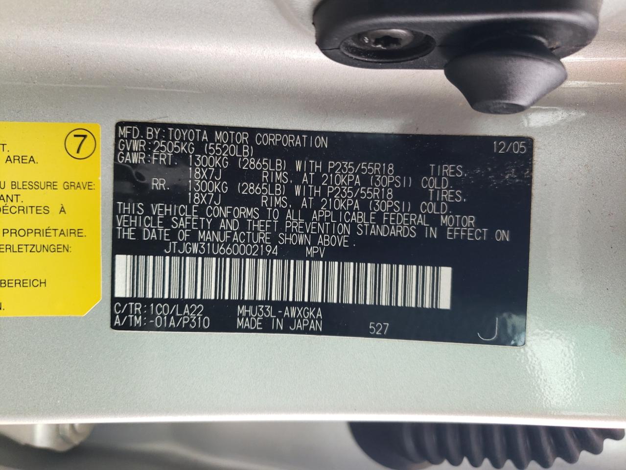 2006 Lexus Rx 400 VIN: JTJGW31U660002194 Lot: 56718845