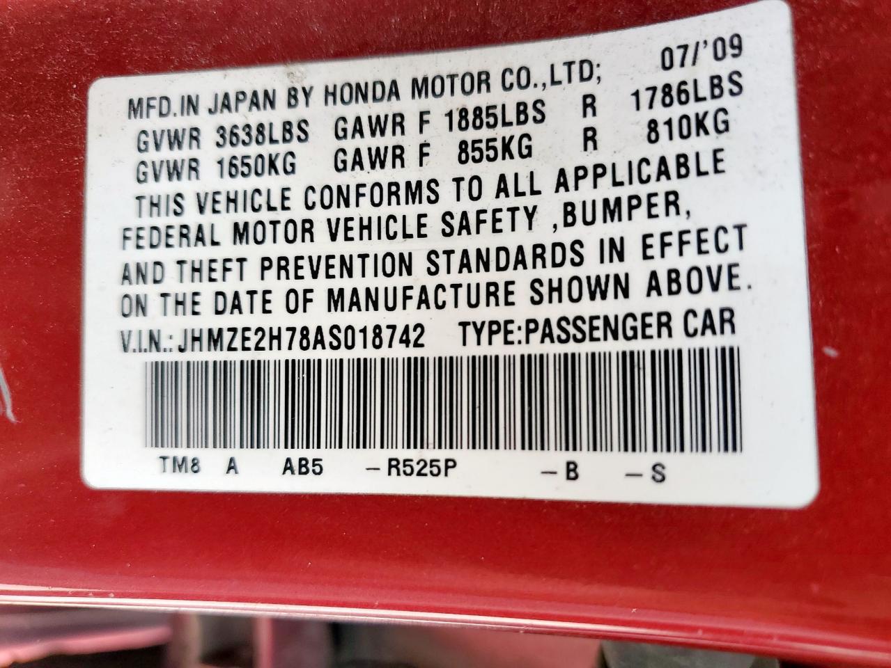 2010 Honda Insight Ex VIN: JHMZE2H78AS018742 Lot: 58862845
