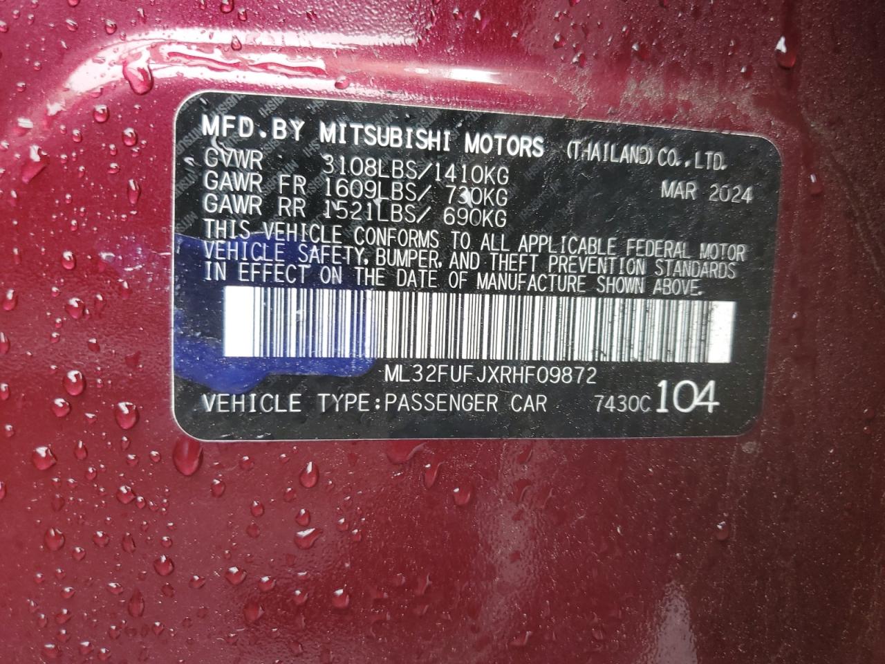 2024 Mitsubishi Mirage G4 Es VIN: ML32FUFJXRHF09872 Lot: 57054435