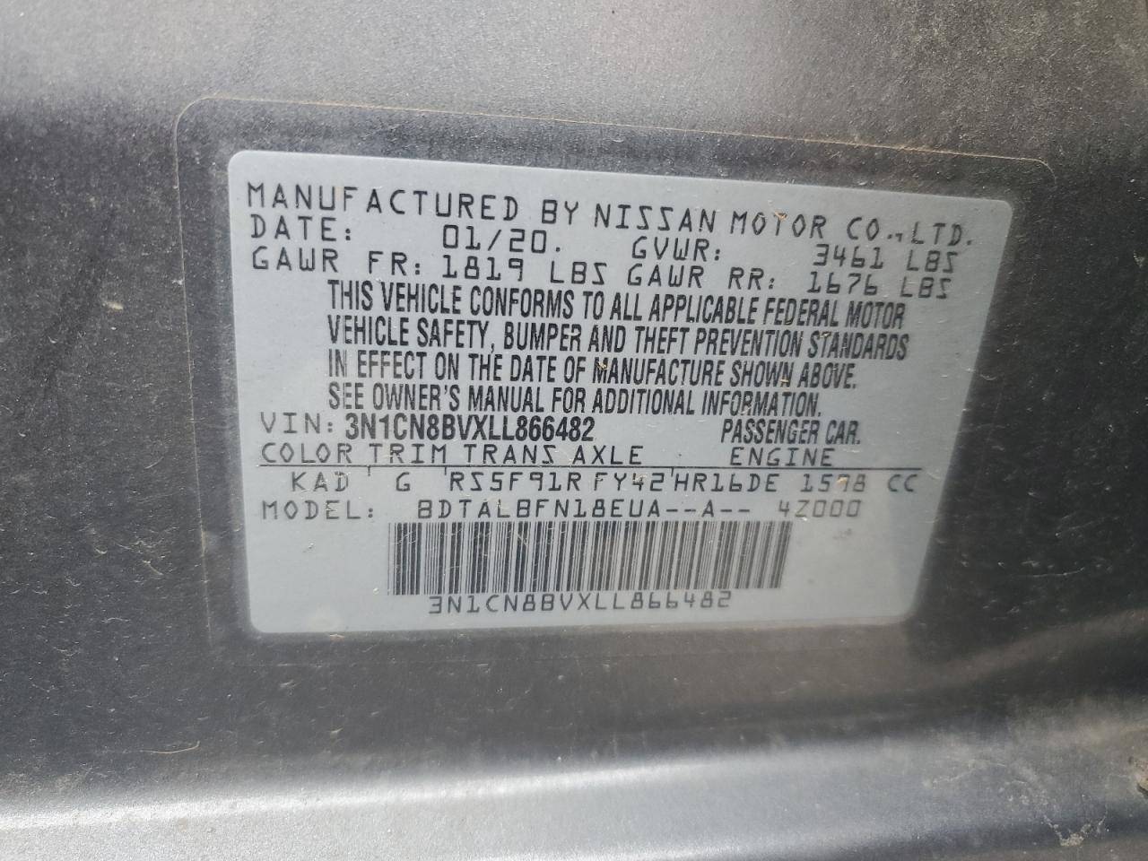 2020 Nissan Versa S VIN: 3N1CN8BVXLL866482 Lot: 55958555