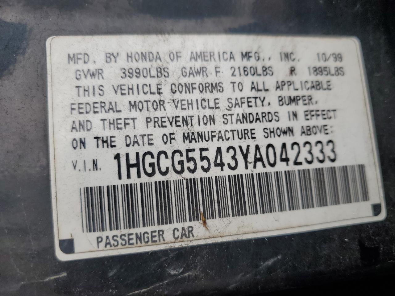 2000 Honda Accord Lx VIN: 1HGCG5543YA042333 Lot: 57002545