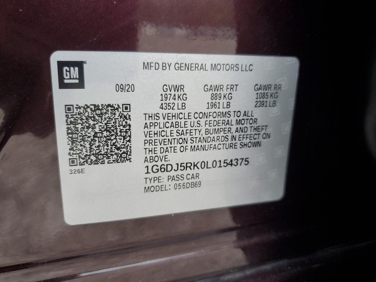 2020 Cadillac Ct4 Luxury VIN: 1G6DJ5RK0L0154375 Lot: 57099925