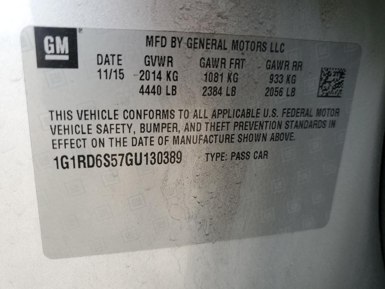 2016 Chevrolet Volt Ltz VIN: 1G1RD6S57GU130389 Lot: 56023345