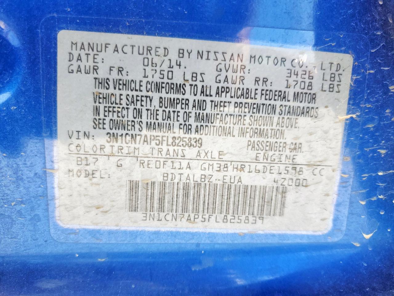 2015 Nissan Versa S VIN: 3N1CN7AP5FL825839 Lot: 59077625
