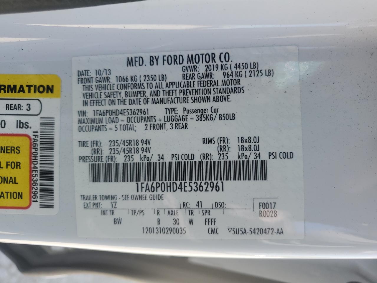 2014 Ford Fusion Se VIN: 1FA6P0HD4E5362961 Lot: 57486875