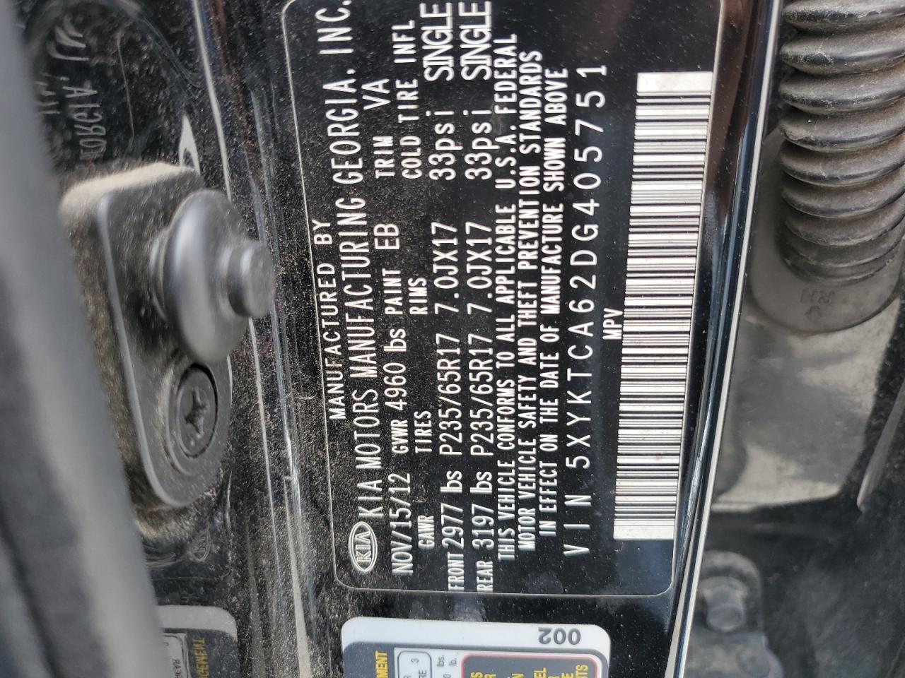 2013 Kia Sorento Lx VIN: 5XYKTCA62DG405751 Lot: 57863965