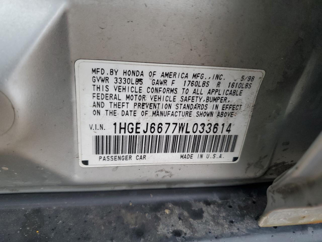 1998 Honda Civic Lx VIN: 1HGEJ6677WL033614 Lot: 56000915