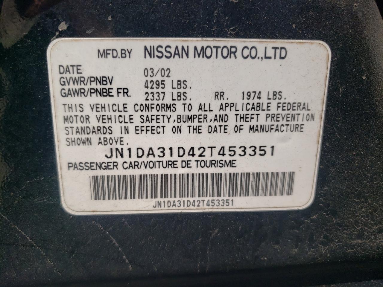 2002 Nissan Maxima Gle VIN: JN1DA31D42T453351 Lot: 56109205
