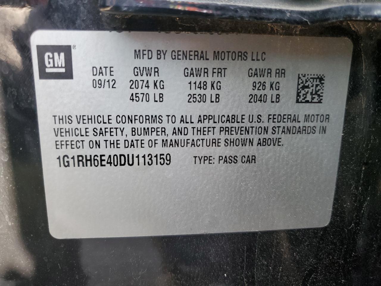 2013 Chevrolet Volt VIN: 1G1RH6E40DU113159 Lot: 57868005