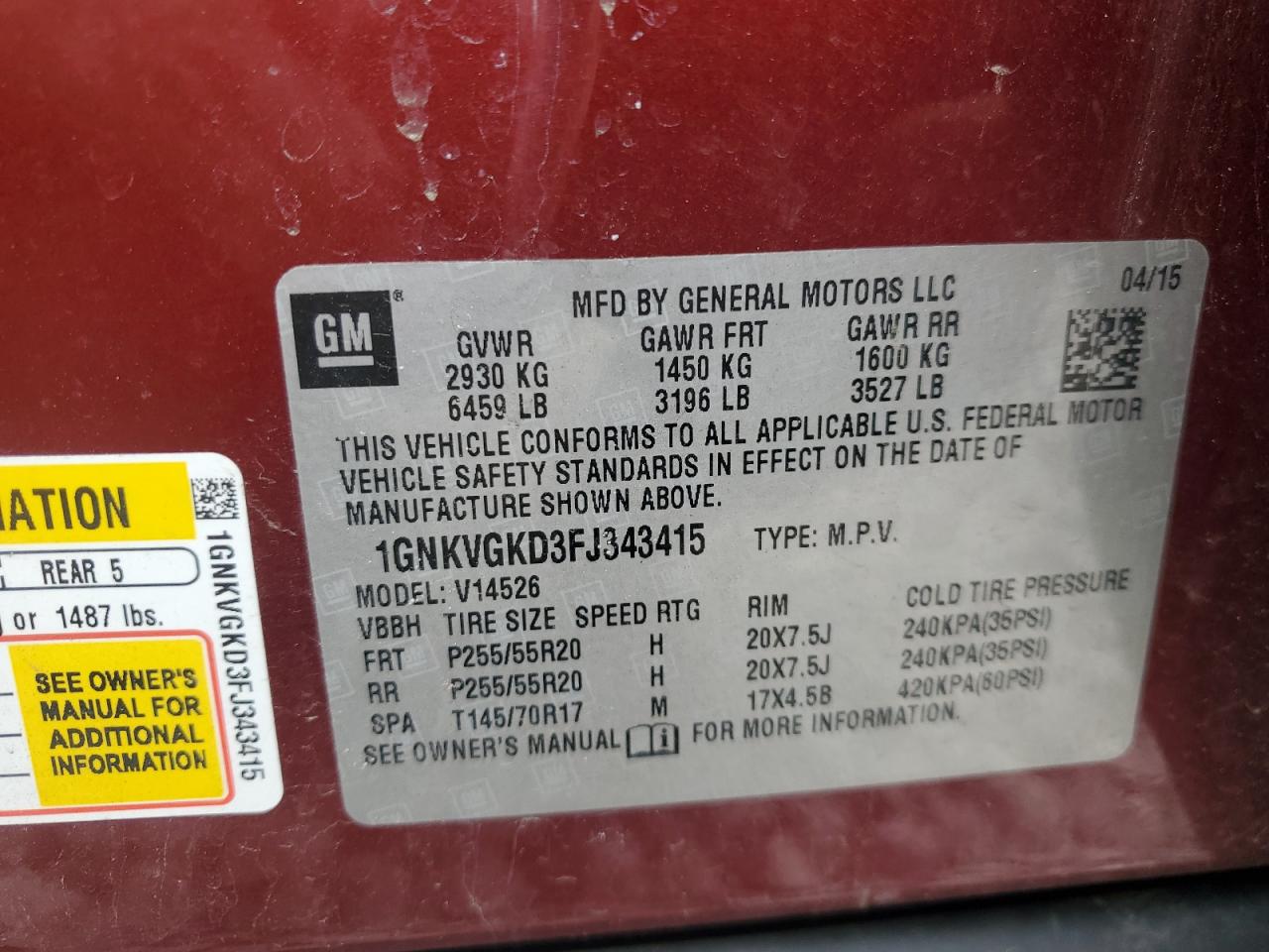 2015 Chevrolet Traverse Lt VIN: 1GNKVGKD3FJ343415 Lot: 56736835