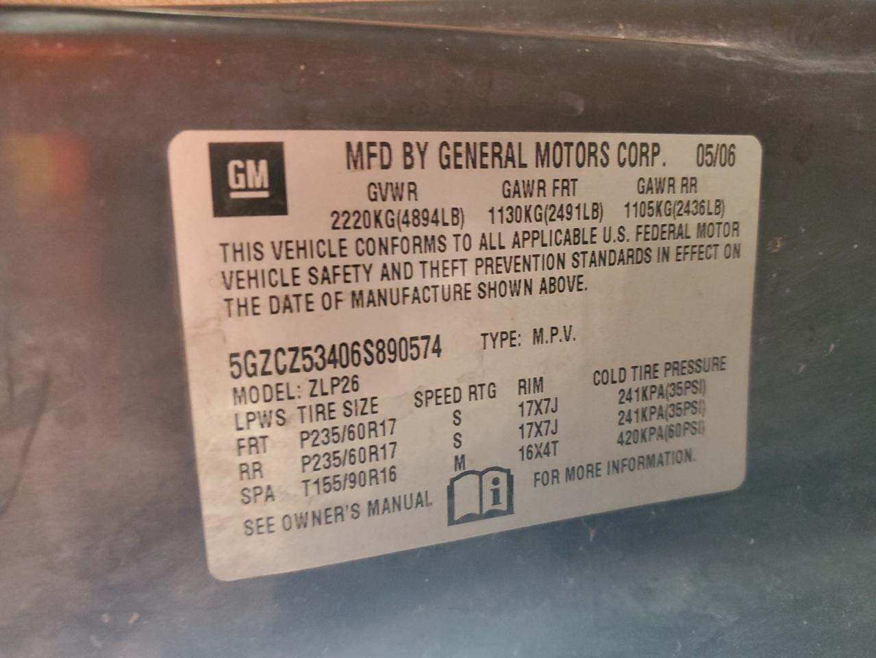 2006 Saturn Vue VIN: 5GZCZ53406S890574 Lot: 55743935